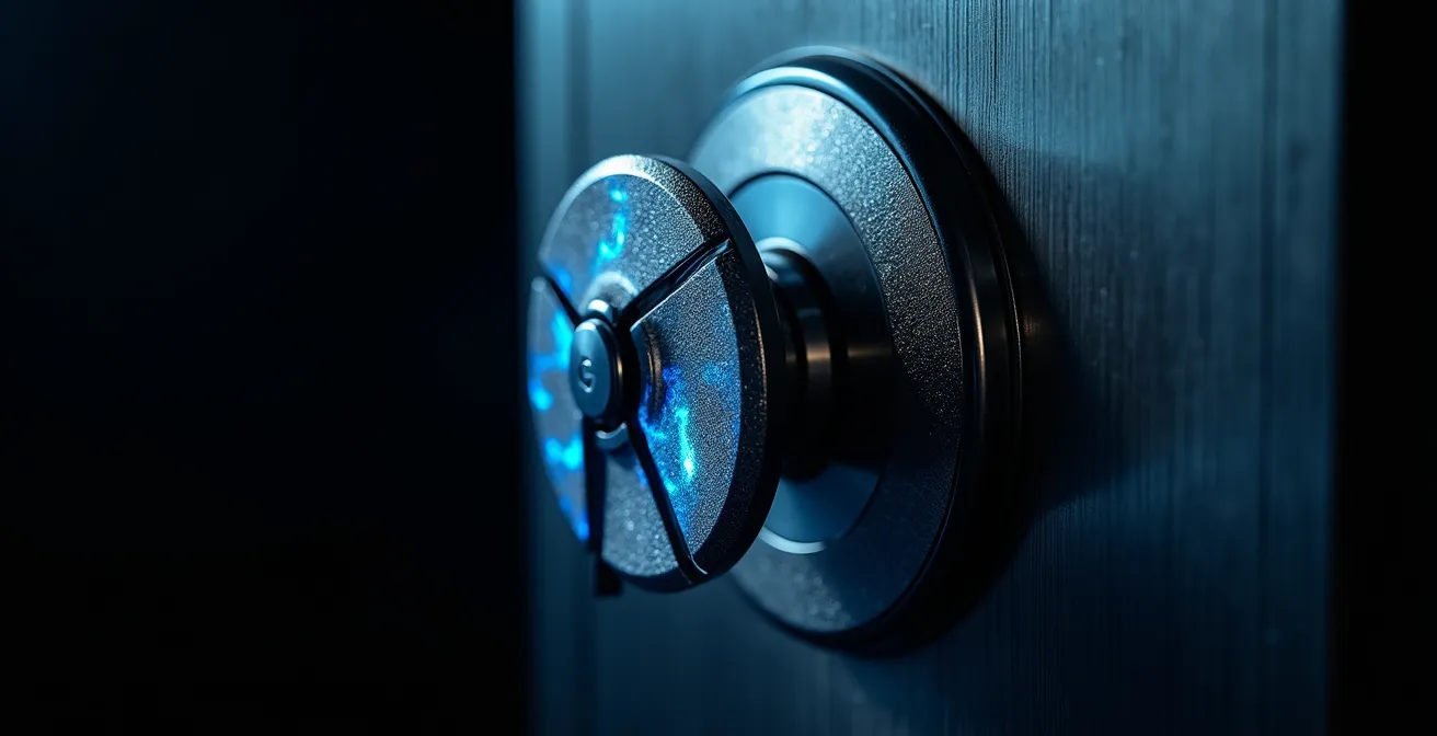 Coffre-fort métallique moderne avec éléments holographiques bleus