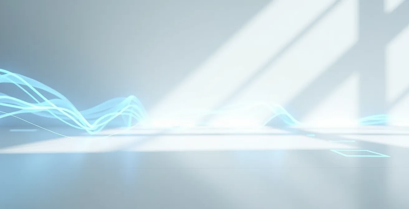 Bureau épuré avec connexions lumineuses flottantes symbolisant l'automatisation