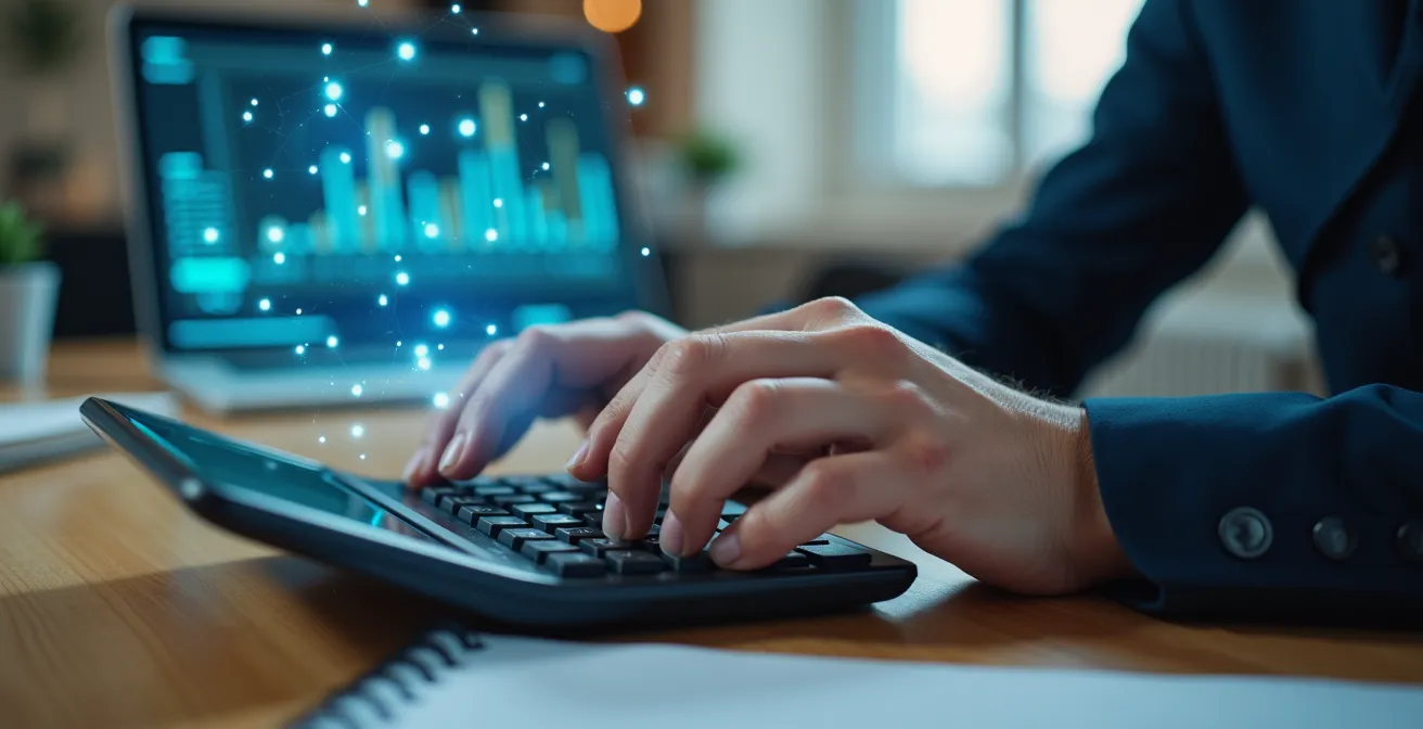 Mains utilisant une calculatrice moderne avec des hologrammes de graphiques flottants