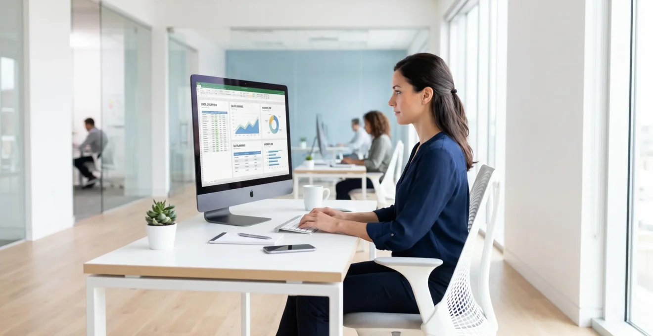 Femme travaillant dans un bureau administratif moderne avec interface numérique sur ordinateur, environnement épuré et lumineux