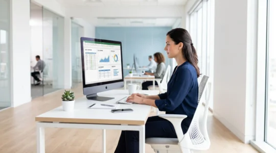 Femme travaillant dans un bureau administratif moderne avec interface numérique sur ordinateur, environnement épuré et lumineux