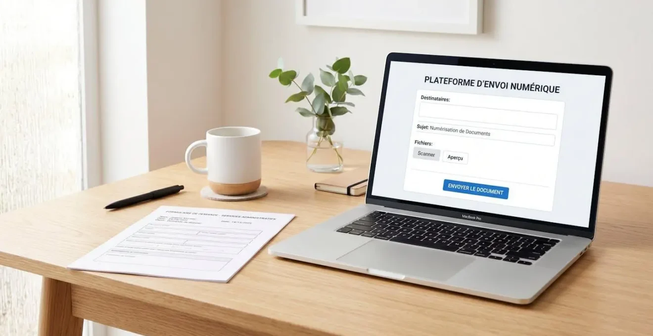 Ordinateur portable ouvert sur interface d'envoi de courrier électronique avec document papier à numériser sur bureau épuré