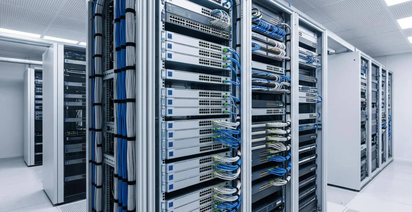Salle serveur moderne avec racks d'équipements réseau, switches haute performance et câblage structuré dans un environnement professionnel français