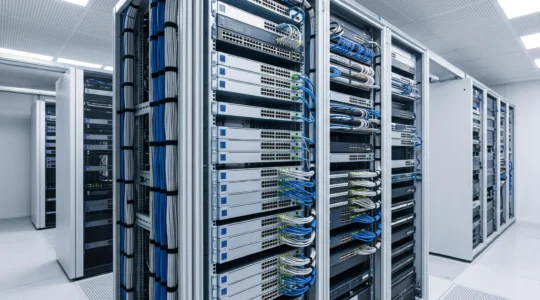 Salle serveur moderne avec racks d'équipements réseau, switches haute performance et câblage structuré dans un environnement professionnel français