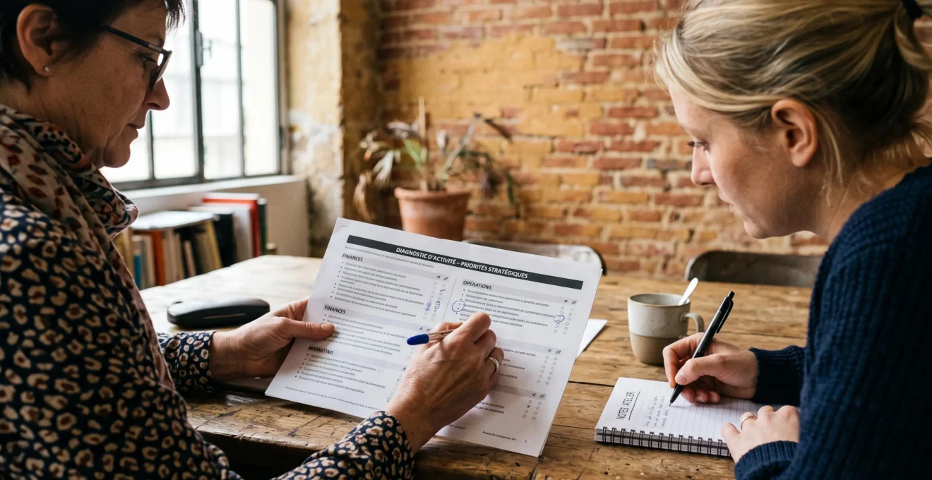 Un consultant et un dirigeant passent en revue un diagnostic de priorités sur papier.