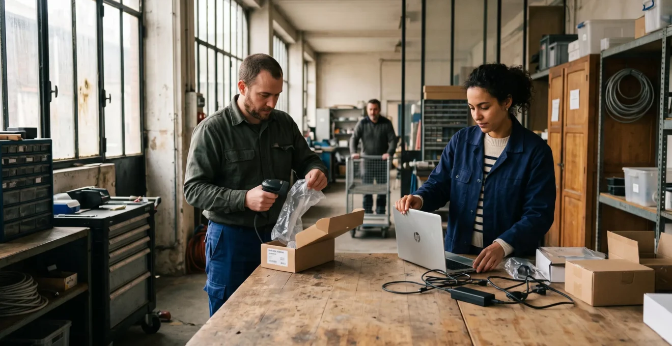 Deux employés installent un ordinateur portable et un scanner dans un atelier d'entreprise.